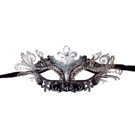 Venetian Black Mask w/ Silver Metal Laser-cut and Crystals on Eyes