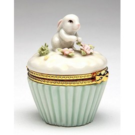 Cosmos Gifts Porcelain White Bunny with Flowers Hinged Box 2 3/4" H
