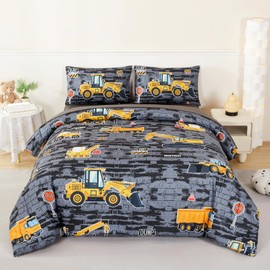ANGIYUIN Gray Twin Size Comforter Set for Kids Teens Boys 5 Pieces Yellow Construction Bed in A Bag Cartoon Excavator Trucks Bedding Comforter Sets with Sheets