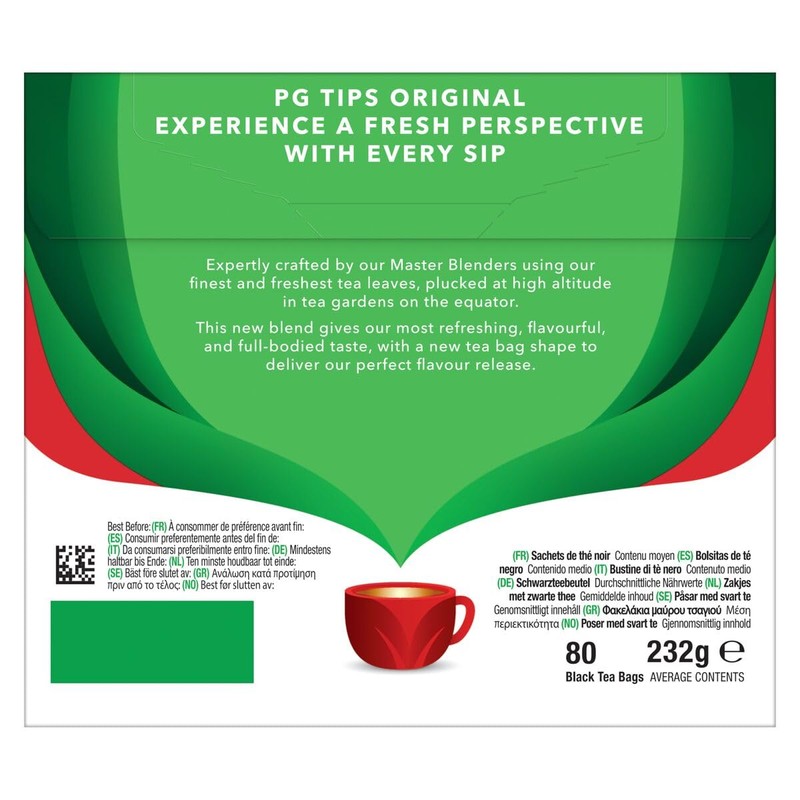 PG Tips Black Tea Bags Non-Pyramid, 80 Count (Pack of