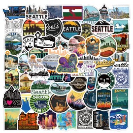 63Pcs Seattle Sticker Kawaii Travel Waterproof Pack | Cute Vsco City Cartoon Cool Deacls Graffiti Stickers Vinyl for Adults Water Bottle Skateboard Luggage Laptop Computer Phone