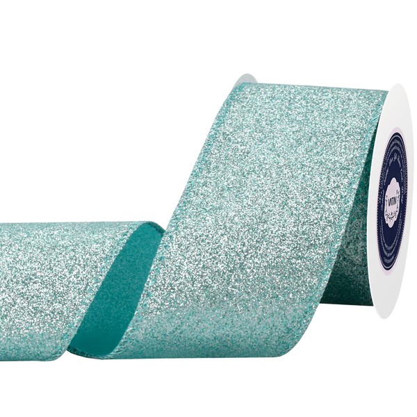 VATIN Light Blue Glitter Wired Ribbon with Metallic Edge, Christmas