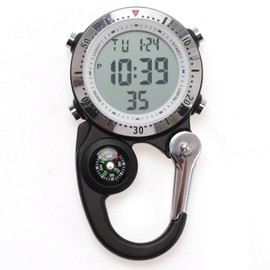 VOSO Carabiner Watch Multifunctional Luminous Clip on Carabiner Watch Mini Quartz Watch Compass, Clip On Luminous Multifunctional Carabiner Watch for Outdoor Activities (Black with Silver Frame)