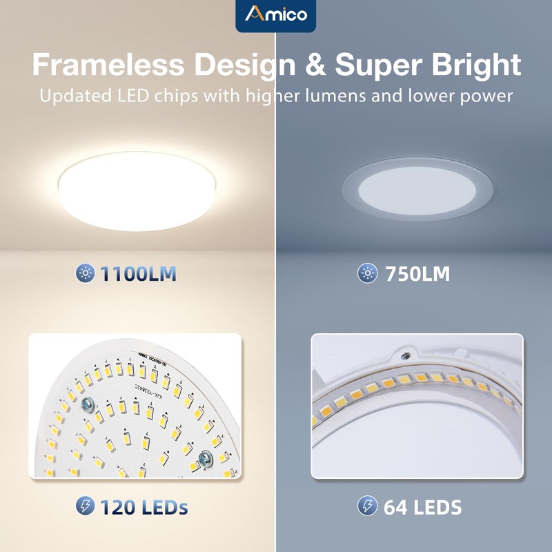 Amico 12 Pack 4 Inch 5CCT Frameless LED Recessed Ceiling