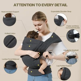 MISSWISDOM Baby Carrier Newborn to Toddler Baby Wrap Carriers(7-30lbs)，Hands Free Baby Sling Carrier with Enhanced Lumbar Support，Ergonomic Design Infant Holder Carrier, Dark Grey