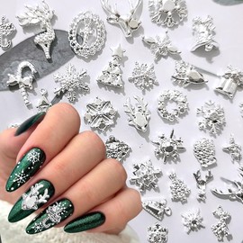 Pack of 50 3D Silver Nail Charms Christmas Nail Charms Nails Charms Alloy Christmas Tree Christmas Wreath Snowflake Elk Christmas Charms Nail Design Accessories Nail Decoration Christmas Nail Art