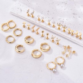 Gold Plated Flat Back Earrings & Hoops Set- 16 Pairs Hypoallergenic Cartilage Studs & Mini Hoop for Women | Threadless Push-in Design, Tiny Star, Moon, Heart, CZ & Chunky Hoops (A Gold)