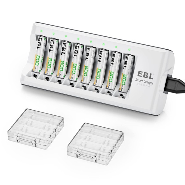 EBL 8 Pack of AAA Batteries NiMH Rechargeable Battery 800mAh with Smart 8-Slot Battery Charger for AA AAA Battery
