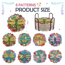 INCOK Dragonfly Diamond Art Coasters - 8 PCS DIY Colorful Flower Glass Diamond Painting Kits Special Shaped Non Slip Drink Coaster with Holder Art Craft Supplies Birthday Gift for Beginner Adult