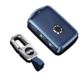 SANRILY Full Protection Key Fob Cover for Volvo XC90 XC60 S90 V90 2017 2018 Keyless Premium Metal and Leather Car Key Fob Shell Case with Keychain Blue