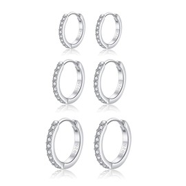 Hasnsofie Hoop Earrings Silver Women's Earrings, 3 Pairs 925 Sterling Silver Hoop Earrings Set, Hypoallergenic Small Sleeping Hoop Earrings with AAA Zirconia, Silver Hoop Earrings Set in 10, 12, 14