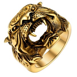 U7 Men's Punk Animal Signet Ring 18K Gold Plated Vintage Enamel Black Retro Tiger Head Ring -Size 11