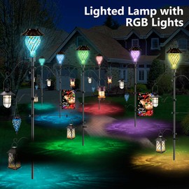 LUJOIN Solar Shepherds Hooks with Hand Blown Glass Lamp, Decorative RGB Lights, 4 Hooks & 1 Flag Holder, Heavy Duty Pole for Hanging Hummingbird Feeder, Bird Feeder, Wind Chime, Plant, Lantern (Teal)