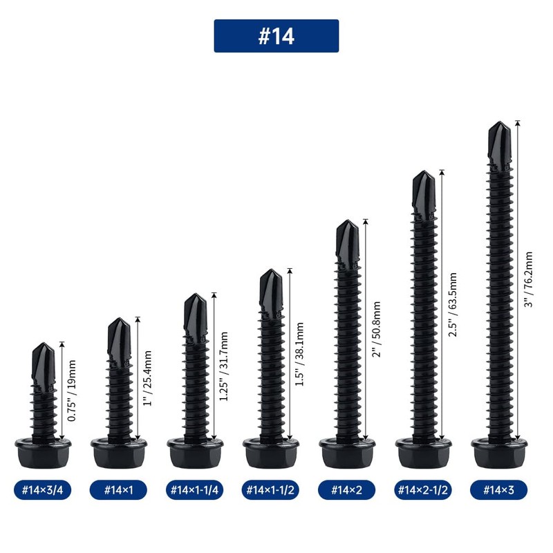 #14 x 1 Black Hex Washer Head Self Drilling Screws