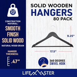 Lifemaster Wooden Clothes Hangers – with 360 Degree Swivel Hook and Non-Slip Shoulder Notch, Holds Up to 10 lbs, Pants Bar Design, for Organizing Suit, Dress, Coat, and Clothes, Pack of 80, Brown