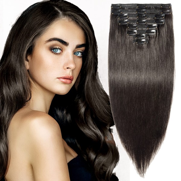 Clip-In Real Hair Extensions, 8 Pieces, Double Wefts, Natural, 25 cm - 110 g, #1B Natural Black