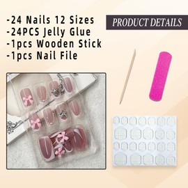 Jremg White French Tip Press on Nails Medium Square Fake Nails with Pink Bow Pearl Charm Design Silver Star Rhinestone Acrylic Nails False Nails Glossy Reusable Nude Glue on Nails for Women 24Pcs