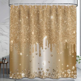 Yieldeer Gold Shower Curtain Sparkle Shimmer Bling Sparkly Bathroom Decor Shiny Bath Curtain, (No Glitter), Waterproof Cloth Fabric with Hooks, 72x72 inch