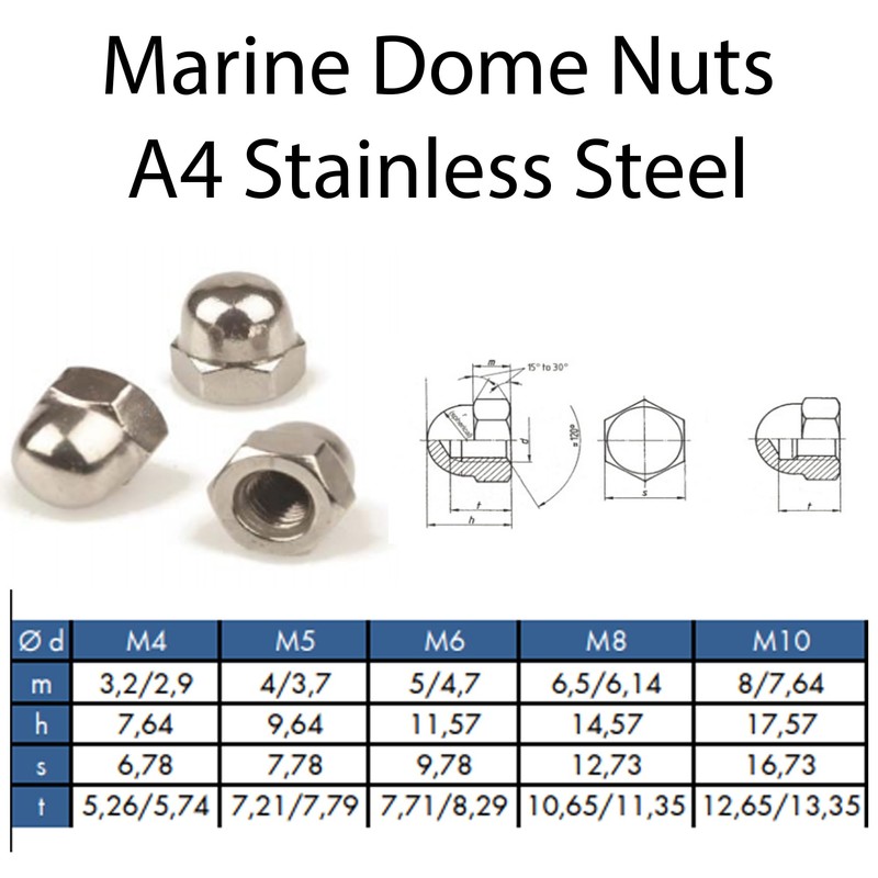 M6 Dome Nuts Marine Grade Acorn Style in A4 Stainless