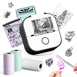 Memoqueen Thermal Sticker Printer - T02 Print Pods Mini Printer Sticker Maker Machine Ideal Gifts for Holiday, Study Notes, Memos, Work Plans, Bluetooth Printers for Phone with 3 Rolls Paper, Black