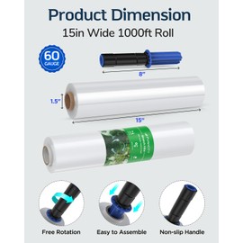 FugaCity Stretch Wrap Film-15 Inch 1000 ft 60 Gauge Shrink Wrap for Pallet Wrapping, Industrial Strength 1 Roll Pallet Wrap with Handles, Moving Supplies Plastic Wrap Roll, 500% Stretch, Transparent