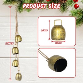 Christmas Bells for Decoration, Gold Metal Vintage Cow Bells with Jute Hanging Rope, Decorative Christmas Cow Bell for Weddings, Parties, and Christmas Wreath