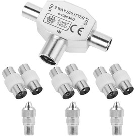 TV Aerial Splitter - 2-Way, 1 Female to 2 Male Coaxial Aerial Splitter with 7pcs TV Aerial Connector Adapter, Compatible with Cable TV & Antenna, Signal Booster， Shielded Metal Housing