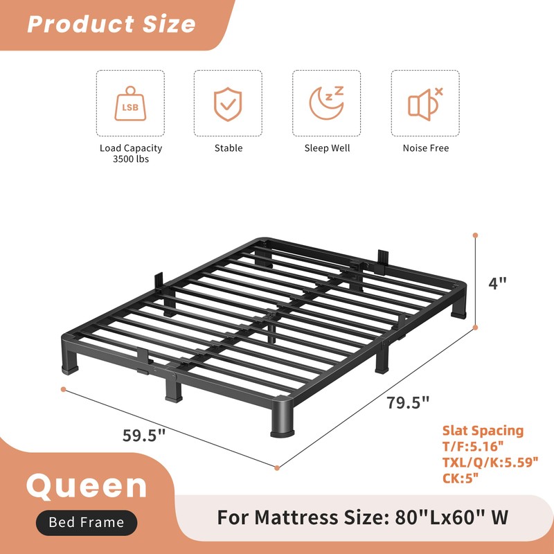 VIPSHOW 4 Inch Queen Heavy Duty 3500 lbs Bed Frame