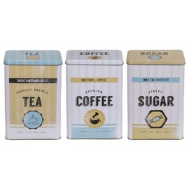 MIK funshopping Set of Retro Metal Tin Coffee Tea & Sugar - Coffee Canister, Tea Canister, Sugar Bowl with Lid (3-Piece Vintage Design, White/Beige/Light Blue)