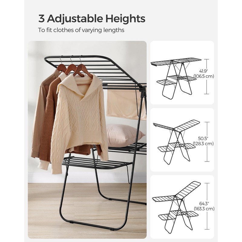 SONGMICS Clothes Drying Rack, Foldable 2-Level Laundry Drying Rack, Free-Standing