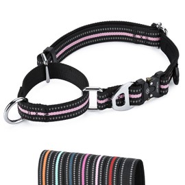 JIPIMON Martingale Dog Collar Reflective Nylon Soft Cushion with Alloy Buckle Dog Collar Martingale Small Medium and Large Dogs (Small, Pink)