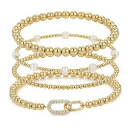Tyebiva Gold Bracelets Stack Set for Women, Summer Trendy 4Pcs Pearls Beaded Stretch Stackable Bracelet Party Beach Jewelry Accessories Gift