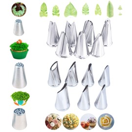 7 Pieces Large Piping Tips Set, 3Pieces Russian Grass Cream Tips DIY Decor Baking Tool and 7 Pieces leaf Stainless Steel Piping Nozzles Kit(17 Pieces)