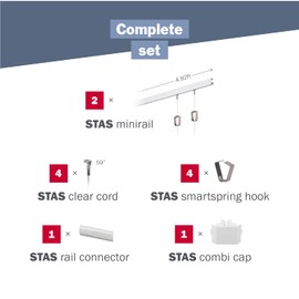 STAS Minirail Picture Hanging System Set - Covers 9.84 ft of Wall Space - Smallest Picture Rail & Art Hanging Gallery Kit for Art Display (Matte Silver Rails, Includes 4 Hooks & Cords)