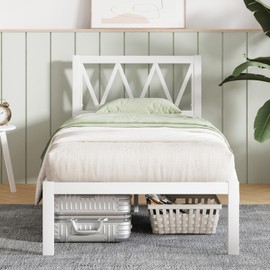 Novilla Twin Bed Frame with Headboard, Metal Platform Bed Frame, Wood Slat Support, Heavy Duty, No Box Spring Needed, Easy Assembly, White