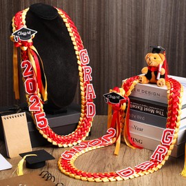 Hotop Grad Leis Class of 2025 Graduation Ribbon Double Braided Necklace Handmade Congrats Graduates Money Leis(Gold and Red,1 Pcs)
