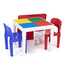 Humble Crew Kids Activity Table and 2 Chairs Set, White/Blue/Red - 2-in-1 Toddler Play Table Building Blocks Compatible - Premium Children’s Table and Chair Set for Arts, Crafts, Reading and More