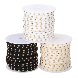 PATIKIL 50ft Studded Faux Suede Cord Rope for Jewelry Making, 3 Pack Each 5 Meter 5mm Micro Fibre Flat Leather Lace Beading String Ribbon with Gold Rivets, Black/White/Beige