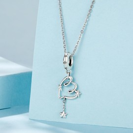 NINGAN 925 Sterling Silver Charm, Heart Shaped Pendant Bead, Angel Wings Pendant, I Love You Teddy Bear Pearl, Fits Women's Bracelet Necklace, Women's Birthday Gift, Silver, Cubic Zirconia