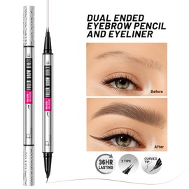 2 Pack Curved Eyebrow Pen and Eyeliner, 2 in 1 Dual Ended Microblading Eyebrow Pencil with 10 Brow Stencils, Waterproof Eye Brow Pencils for Women Create Natural Hair Like Brows (Natural Brown)