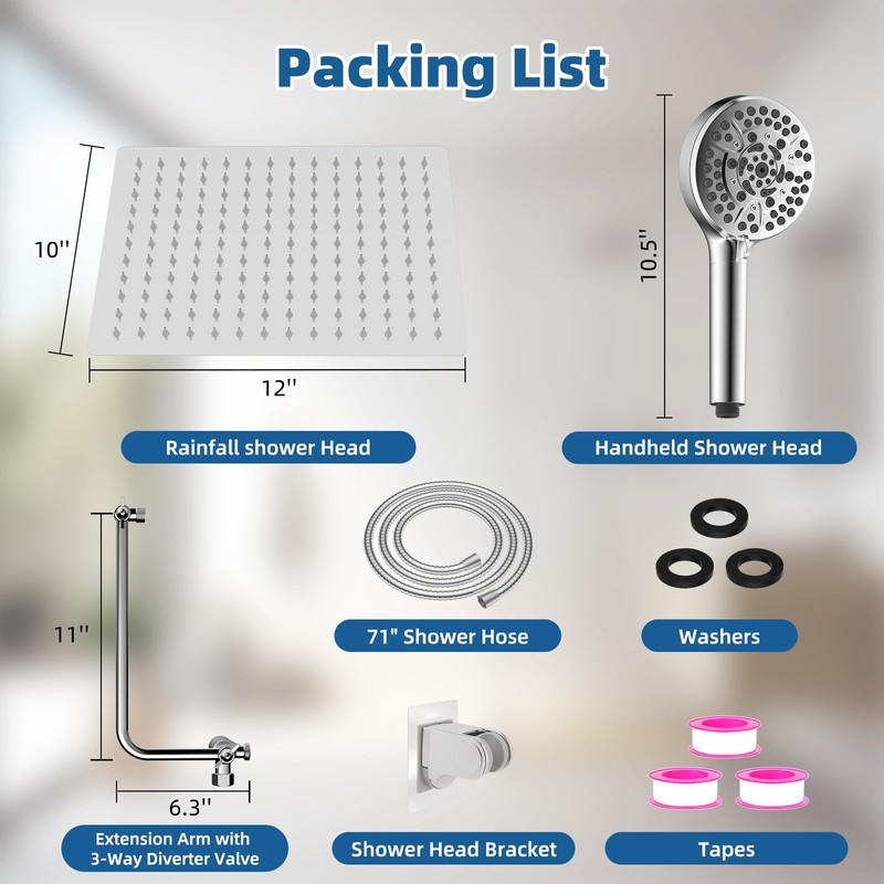 12" All Metal Shower Head, High Pressure Rainfall Shower Head/Handheld