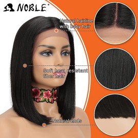 NOBLE Black Bob Wigs for Black Women Short Straight HD Lace Front Wigs for White Women Synthetic Middle T Part Lace Front Bob Wigs for Daily Party Use (12 Inch, Black Color)