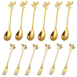 Edelstahl Teelöffel Besteck Set, 12 Stücke Mini Griff Löffel, Edelstahl Löffel, Tafelgabeln Edelstahl, Kleine Kuchengabeln, für Party, Obst, Restaurants, Kaffee, Dessert, Spülmaschinenfest (Gold)