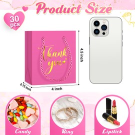 Honoson 30 Pcs Mini Gift Bag with Handle 4 x 2.75 x 4.5'' Small Thank You Paper Bag Foil Gift Bag Wedding Wrap Bag baby shower Birthday Graduation Thanksgiving Party Favor Bag(Rose Red)