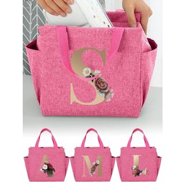 Letter Floral Pattern Canvas Handbag, Portable Lunch Bag for Travel Commuting Work Or Outdoor Adventures, Fall Outfit、Fall Freshness - Color: Pink, Size: Letter-H
