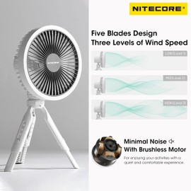 Nitecore NEF10 Multifunctional Portable Electric Fan with LED Ring Light, Flexible Ball Head Tripod, Brushless Motor 10000mAh Battery(Grey)