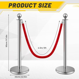 Stainless Steel Stanchion Post Queue 5 ft Red Velvet Rope Red Carpet Ropes and Poles Crowd Control Barriers Sand Injection Hollow Base and Velvet Ropes Set for Party Supplies (8 Pieces, Silver)