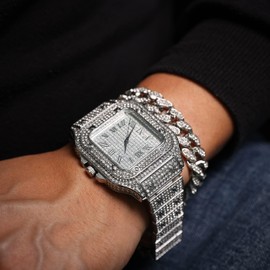 HALUKAKAH Diamonds Gold Watch Iced Out, Men's Platinum White Gold Plated 40MM Width Square Dial Quartz Wristband 24cm with Cuban Link Chain 20 Bracelet Set, Free Giftbox