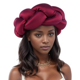 Exaggerated Big Braid Head Band African Raw Silk Turban Cap for Women Nigeria Wedding Party Headpiece Female Headband (One Size,Wine Red)