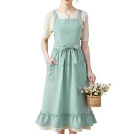 Cotwinter Cotton Linen Pinafore Apron for Women with Pockets Vintage Apron Dress for Chef Baking Kitchen Cooking Gardening Painting(Sage Green)